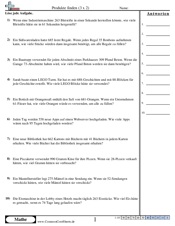 3 Stellen mal × 2 Stellen worksheet